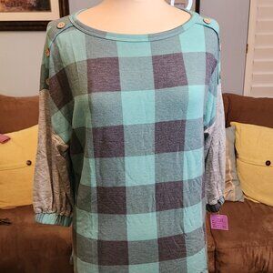 ODDY Mint Green and Black checkered Pattern 3/4" Sleeve Top Medium
